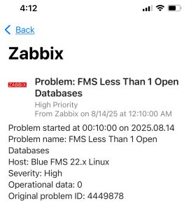 Screen grab of iPhone Push alarm coming from Zabbix monitoring FileMaker Server 